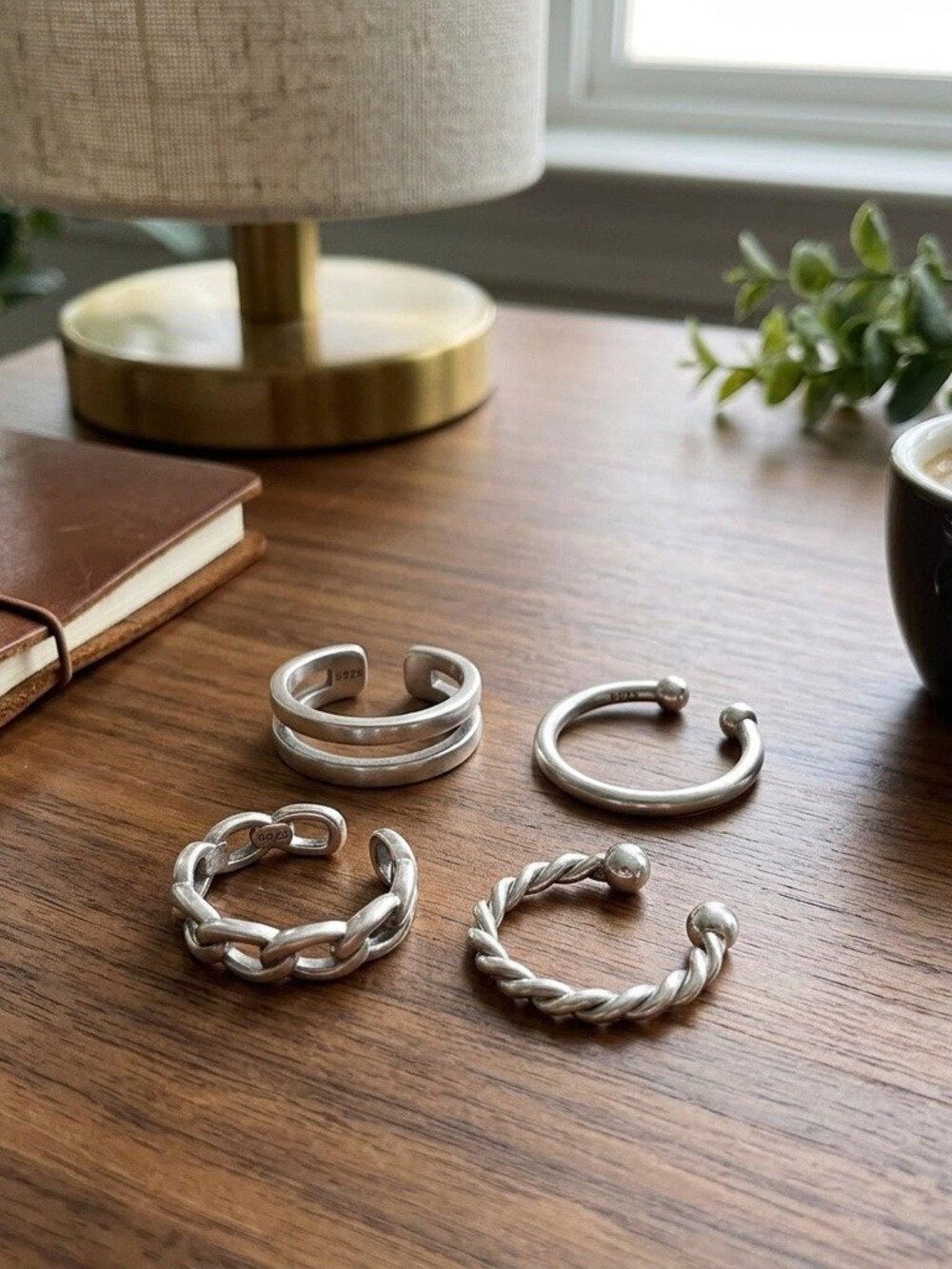 Silver Ear Cuffs 4 Pcs Chain Twist Double Band No Piercing Cartilage Clip On